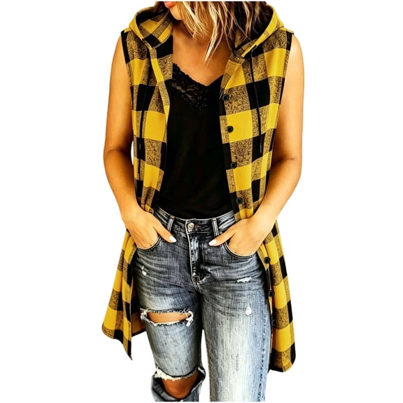 Meichang Flannel Long Vest for Women Hooded Drawstring Button Down Plaid Sleeveless Jacket Fall Winter Long Vest Jackets