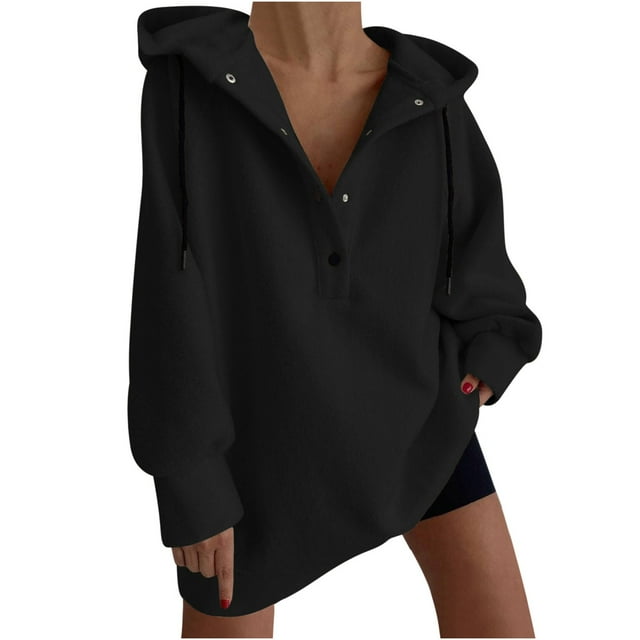 Timegard Women's Sweatshirts Button Long Sleeve Solid Color Oversized Hoodies Winter Fleece Warm Pullover