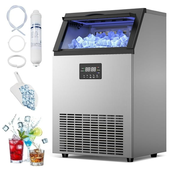 High-Capacity Commercial Ice Maker - 150Lbs/24H Output, 50Lbs Storage, Stainless Steel Construction with Water Hookup & Adjustable Ice Thickness