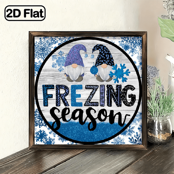 2D Flat, 8x8inch, Winter Hanging Sign Decor, Winter Christmas Sign for Front Door Porch Home Decor Farmhouse Gnome Snowman Holiday Wooden Wall Decorations, It's Freezing Season