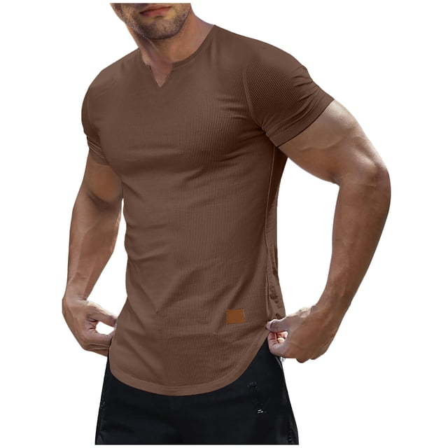 Blusas y camisas de manga corta con cuello en V para hombre, estilo casual, de color liso, con textura vertical, de manga corta y cuello en V.