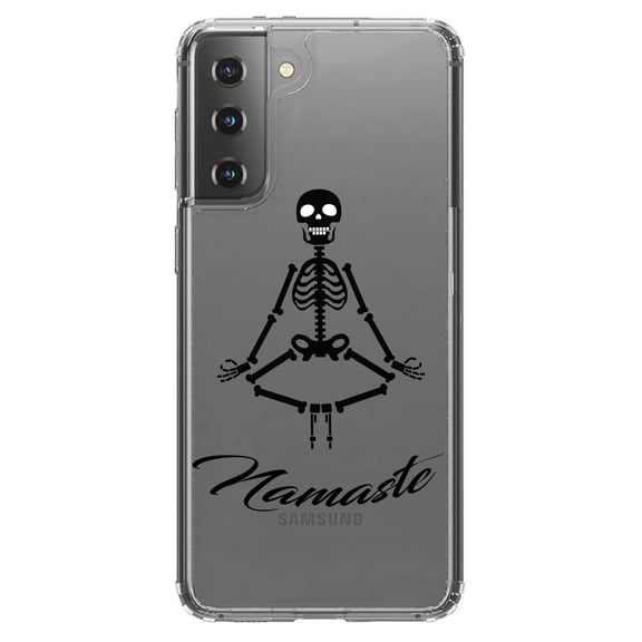 DistinctInk Clear Shockproof Hybrid Case for Galaxy S21  PLUS 5G (6.7" Screen) - TPU Bumper, Acrylic Back, Tempered Glass Screen Protector - Namaste Yoga Skeleton