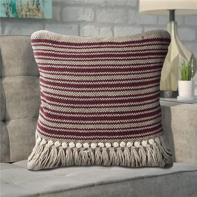 LR Resources PILLO07316MBNFFPL Coussin Carré à Franges Bordeaux Rayé - Bordeaux & Noir