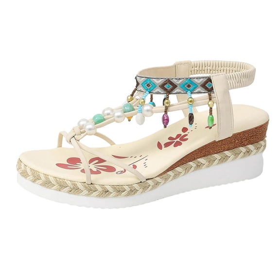Ozmmyan Womens Wedge Sandals Boho Embroidered Beaded T-Strap Sandals Open Toe Espadrille Summer Beach Casual Shoes