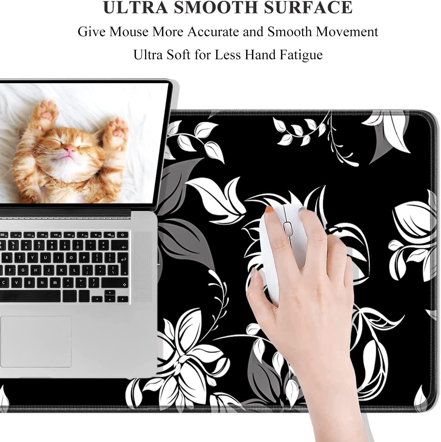 Desk Mat, 32" x 12" XXL Extended Large Gaming Mouse Pad, Desktop Decor Desk Pad, Cute Men Women Office Supplies and Accessories, XL Mouse Mat for Laptop & Keyboard, Black White Flowers