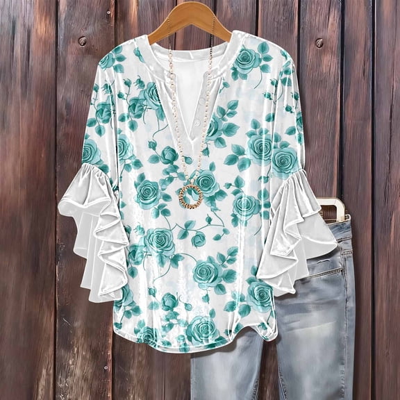 ICHUANYI Womens 3/4 Length Sleeve Tops Summer Ruffle Sleeve Blouses V-Neck Lace T-Shirts Dressy Casual Top