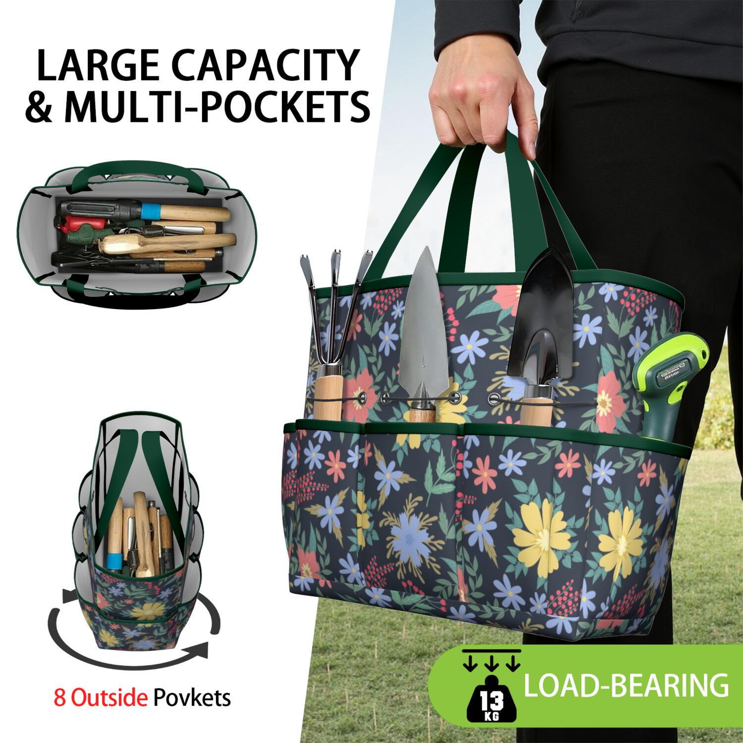 Bright Flowers Garden Tools Bag, Water-proof Oxford Garden Tote Home Organizer Gardening Tool Bag Kit Holder with 8 Pockets for Indoor and Outdoor Gardening(Tools Not Included)