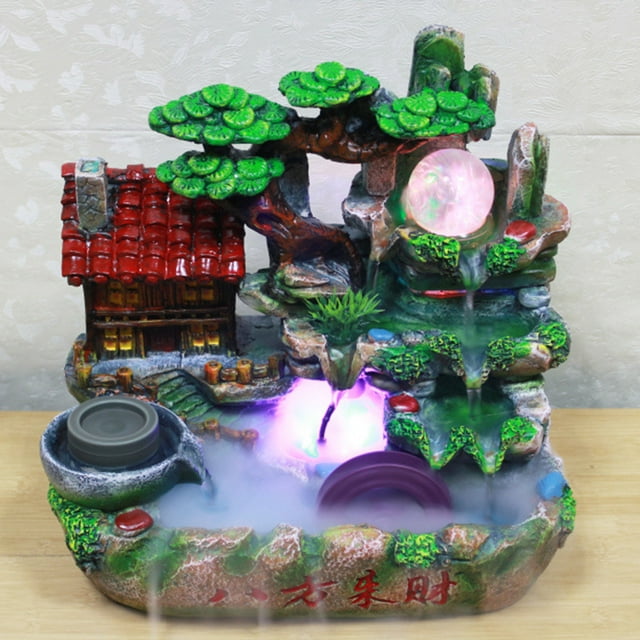 Decoración de cascada, pequeña fuente de escritorio de agua de rocalla, adorno para el hogar, con luz, diseñada a medida