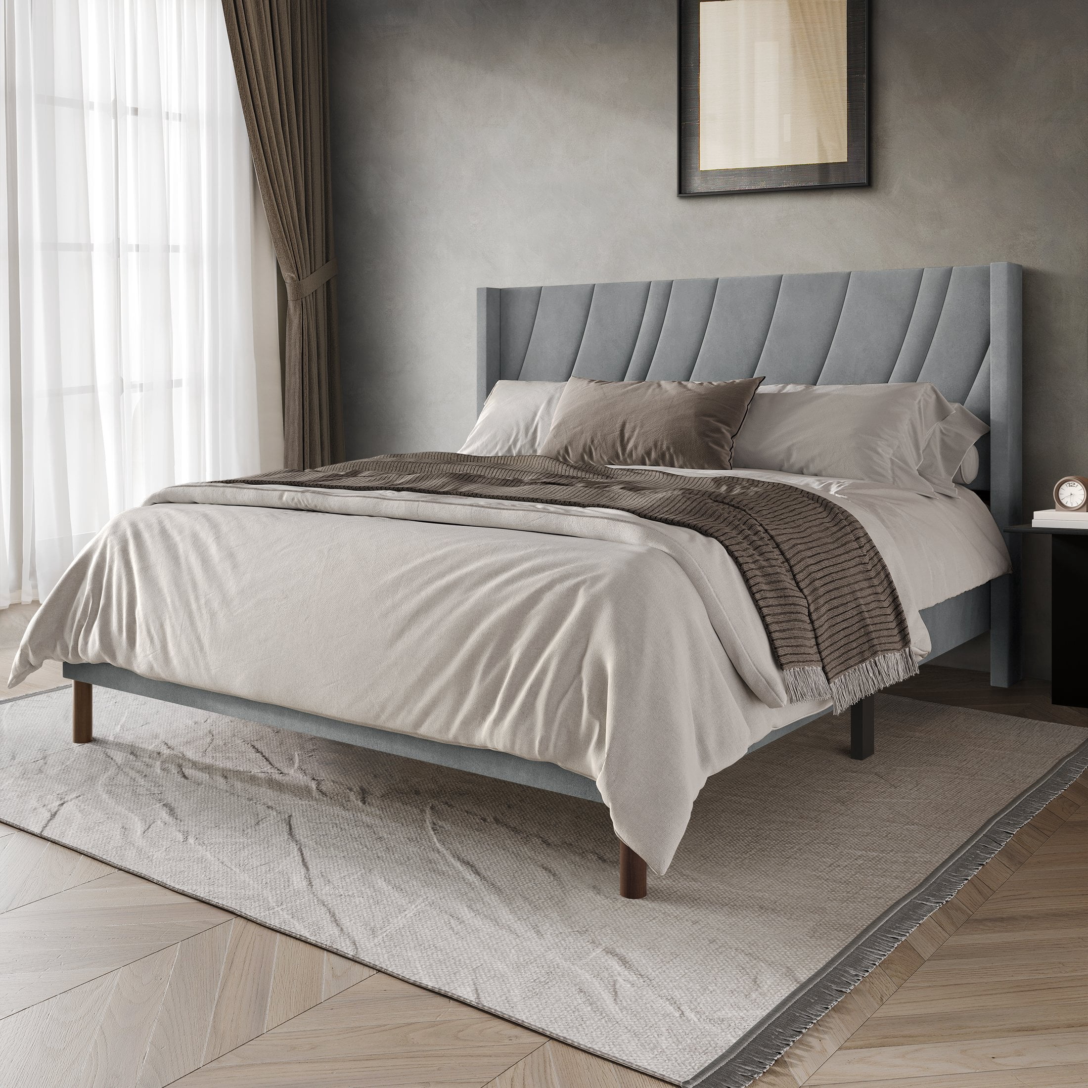 Castle Place Sleek Contemporary Velvet Upholstered Twin Platform Bed, Light Grey
