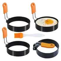 4-Pack Silicone Handle Egg Rings Set - 8.9cm Round Stainless Steel Molds for Eggs, Muffins & Pancakes Griddle Cooking Shaper for Indoor Camping Breakfast Sandwiches Silicone Oil Brush