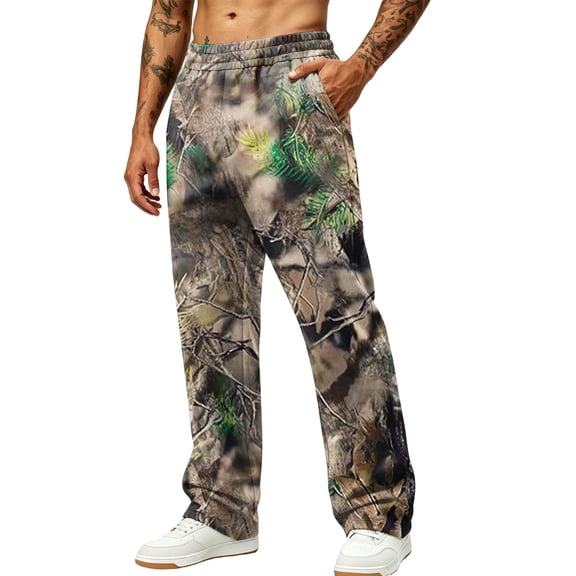 Mens Tree Camo Graphic Pants Baggy High Waist Straight Leg Athletic Jogger Sweatpants for Outdoor Hunting Brown S