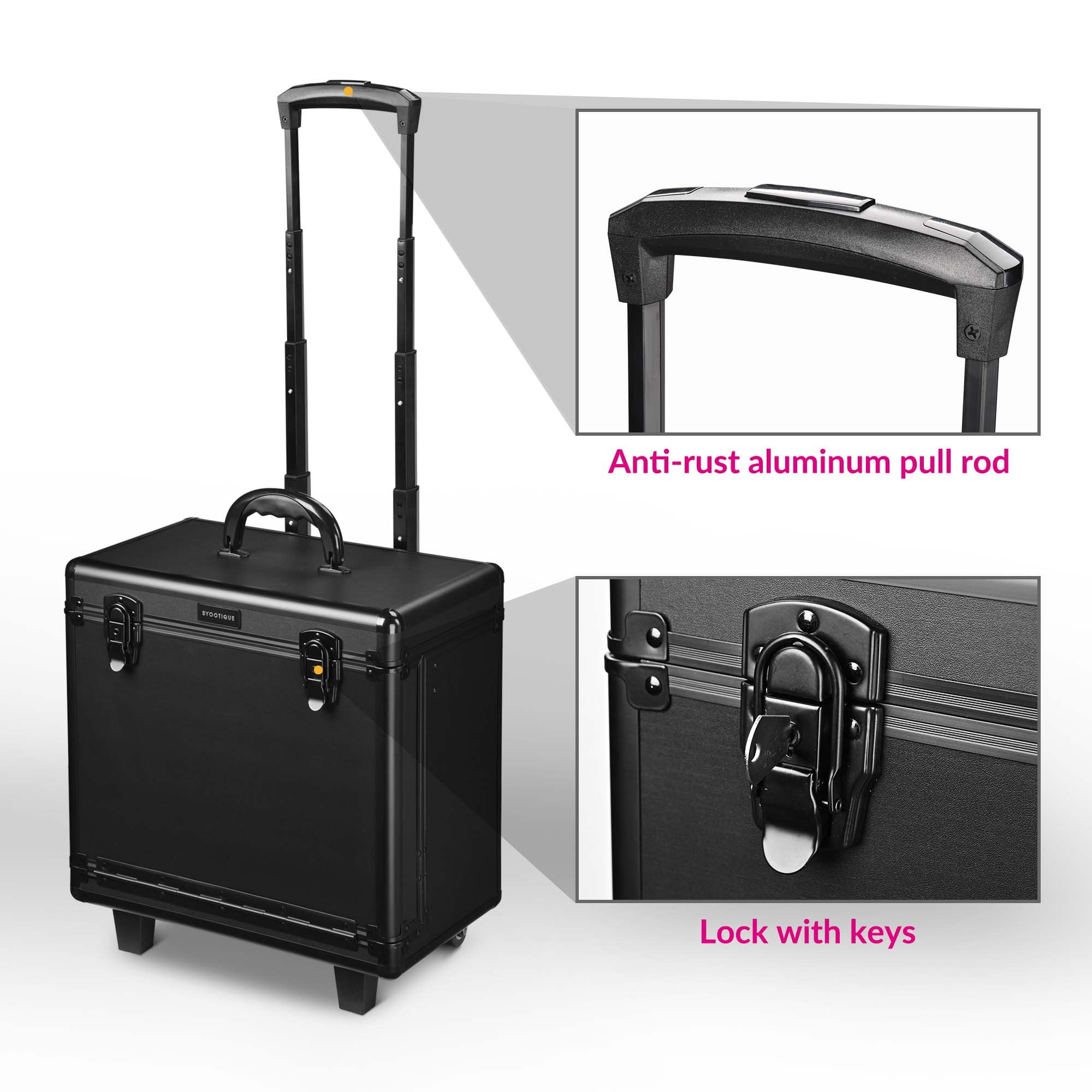 Byootique 15x9x14" Rolling Hair Makeup Case Train PVC Baber Salon Clipper Trimmer Tool Box w/ Appliance Holders