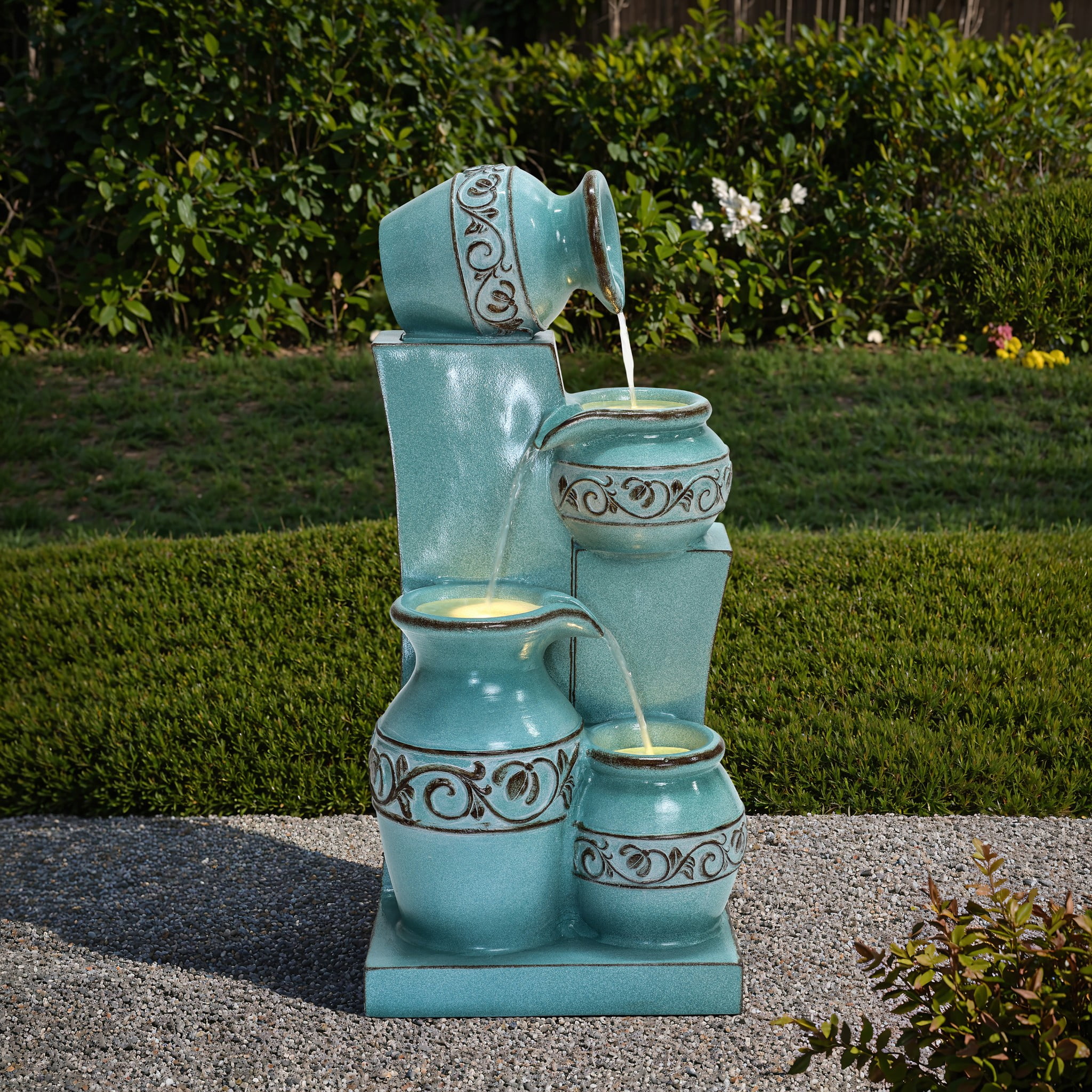 LuxenHome Light Blue 4-Tier Ornate Jugs 2.5-Feet Tall Outdoor Polyresin Fountain with Lights