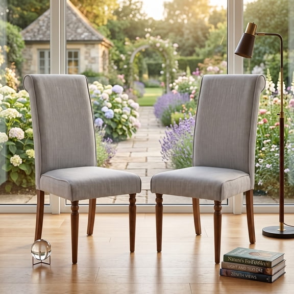 Home Design Pryor Dining Chair (Set of 2), Modern Rolled Back and Turned Front Legs Design, Brown