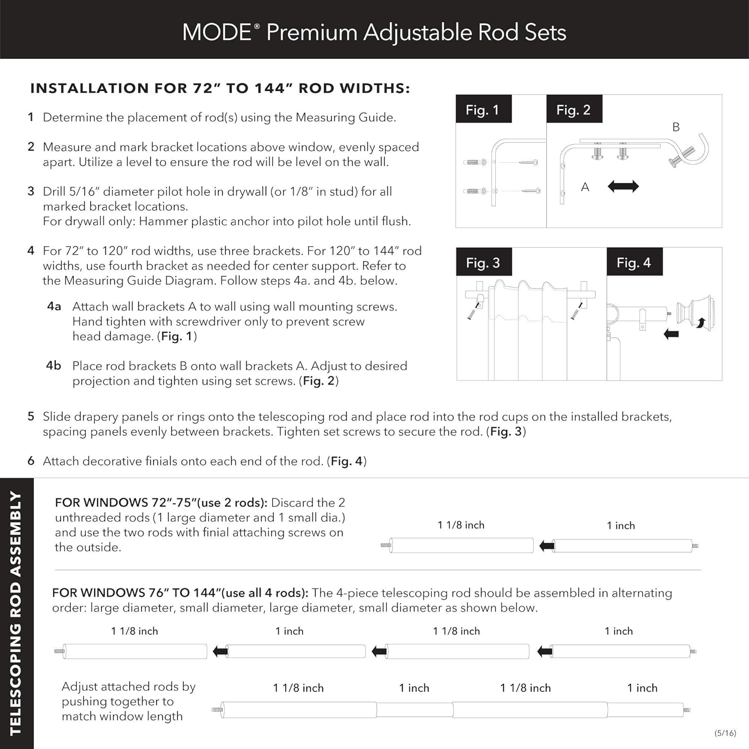 MODE Premium Collection Adjustable Single Curtain Rod Set with Brilliant Urn Finials, Brushed Gold Finish, Fits 24” to 60” Windows