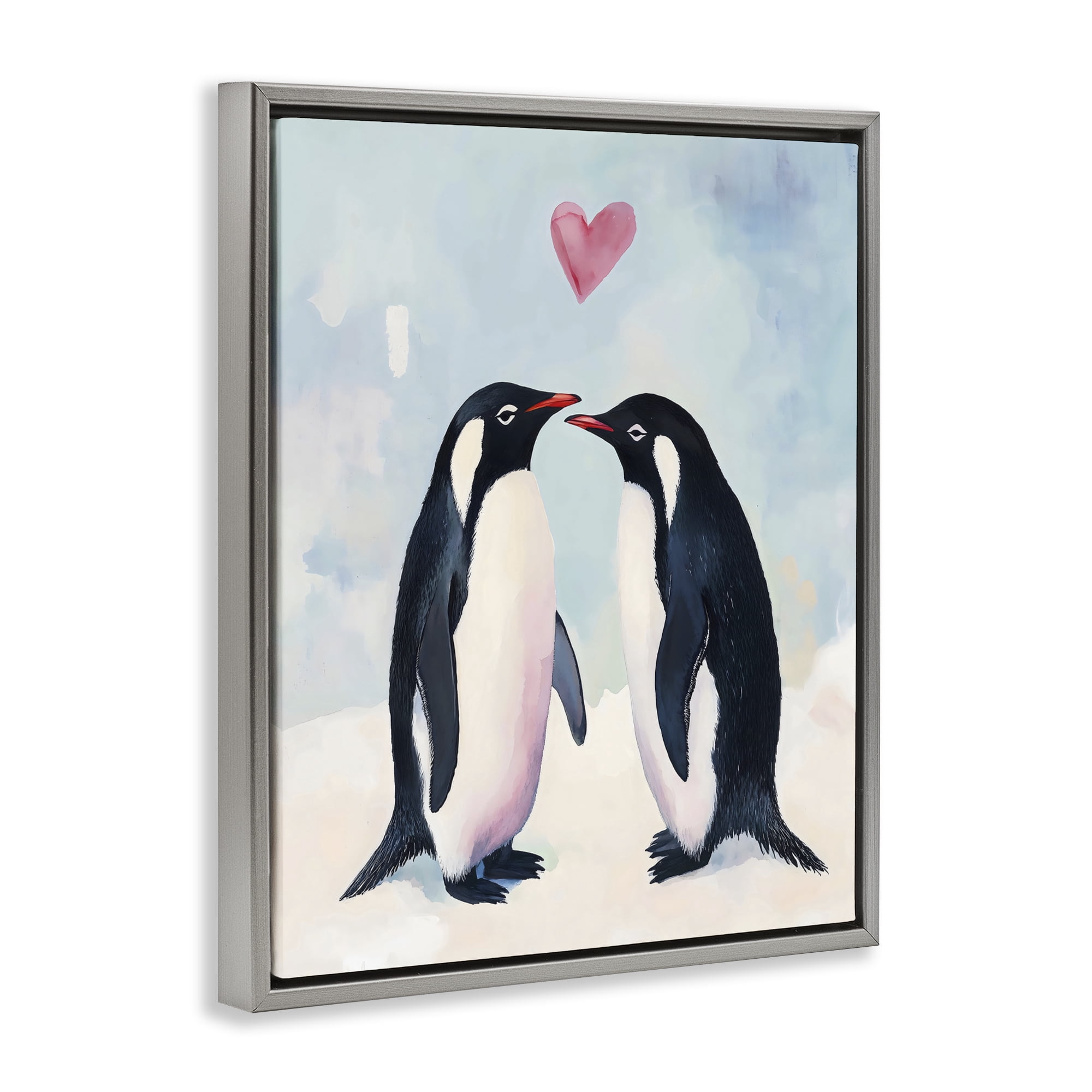Stupell Industries Penguin Love with Heart Gray Framed Floater Canvas Wall Art, design by The Prints Vibe