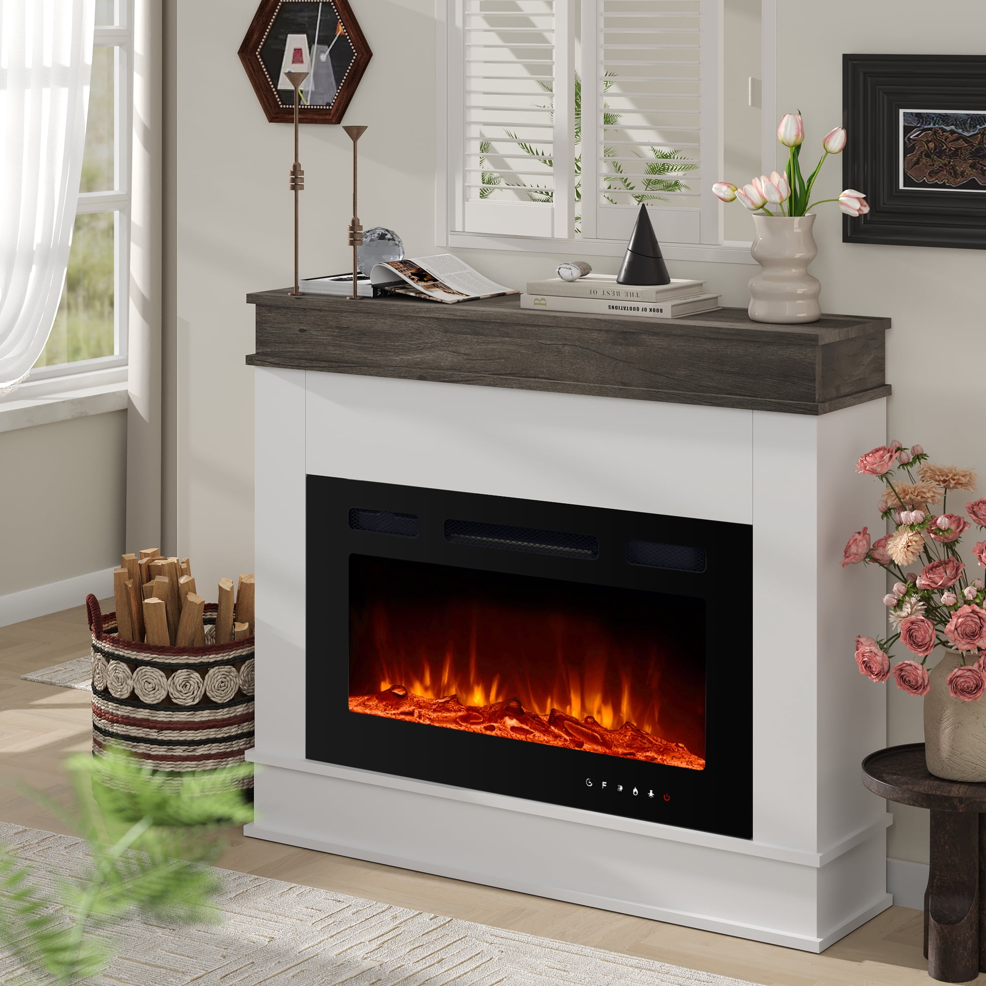 Maxhonor 50" Freestanding Electric Fireplace Insert with white Mantel Shelf, 12 Color 3D Flame Fireplace Heater, 750W/1500W Dual Power, Remote & Touch Control, Classic Minimalist Design