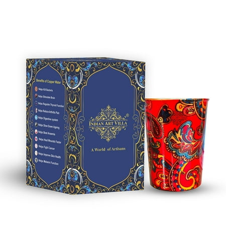 

Indian Art Villa Pure Copper Printed Glass with Red Paisley Print Design Serveware & Drinkware Volume-10 Oz