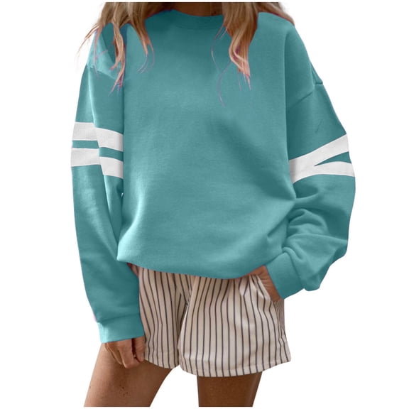 QQAMB Womens Oversized Sweatshirts Solid Color Striped Crewneck Pullover Sweatshirts Long Sleeve Tunic Tops Sky Blue XL