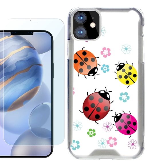 For Apple iPhone 12 Case, iPhone 12 Pro Case, Hybrid Bumper Phone case, with Tempered Glass Screen Protector, by OneToughShield ® - Ladybug