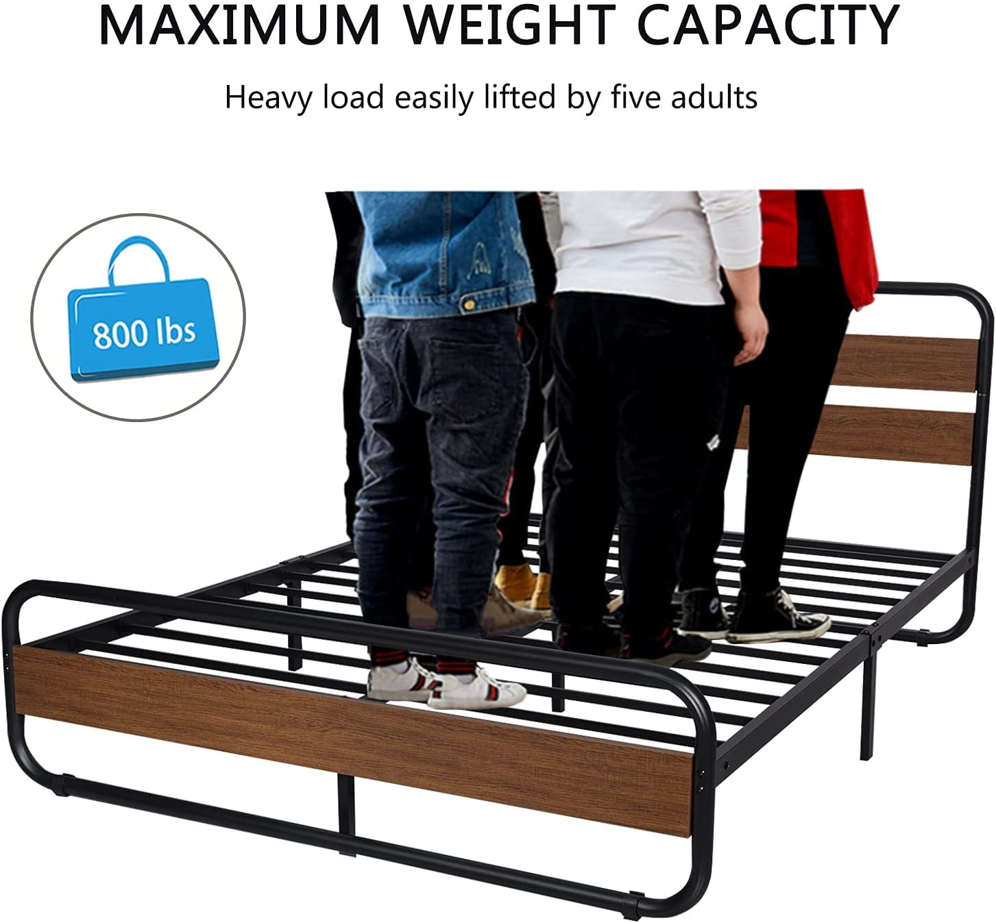 Allewie Walnut Full Size Metal Bed with Wooden Headboard & Footboard, Heavy Duty Platform Frame with Under-Bed Storage