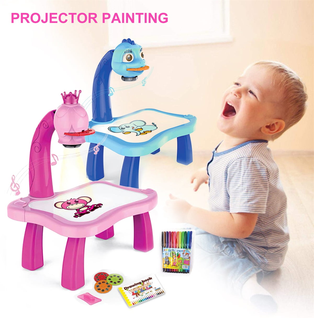  Painting Projector Drawing Toy, Education Doodle Toy for Kids,  with Music & Light, with 3 Projection Discs 24 Patterns 12 Watercolor Pens  Sketched Eraser, Gift for 1 2 3 4 5