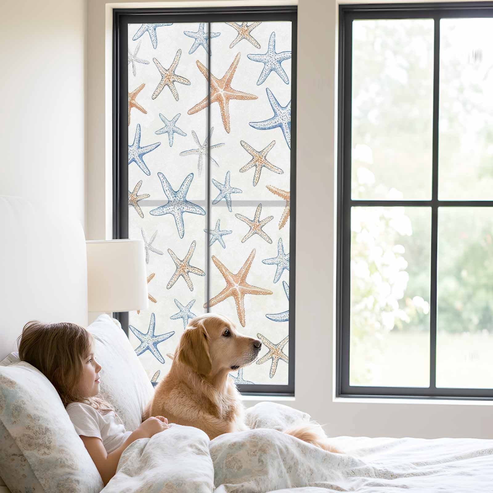 Retro Starfish Window Privacy Film, Watercolor Starfish Frosted Glass Window Clings Static Cling UV Heat Blocking Reusable Door Sticker for Bathroom 23.6 x 59 Inch