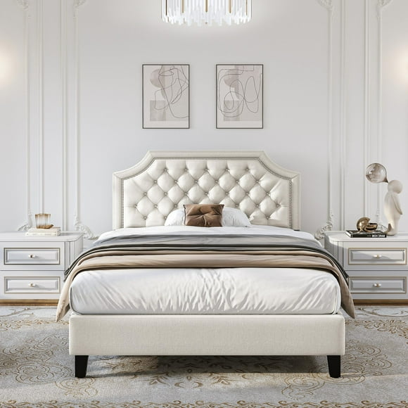 Full Size Wooden Platform Bed Frame with Fabric Upholstered Headboard, Beige