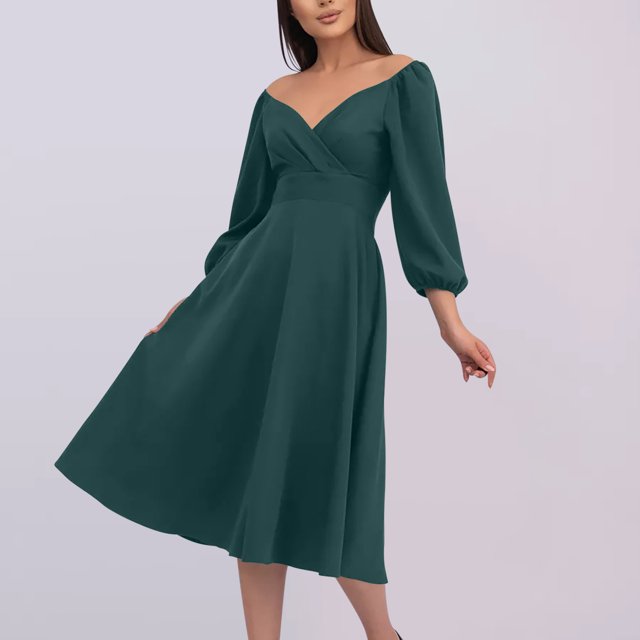 50 % de Réduction! Robes d'Automne pour Femmes 2024, Robe de Soirée à la Mode, Col en V, Taille Cintrée, Poches, Manches Longues, Vert P