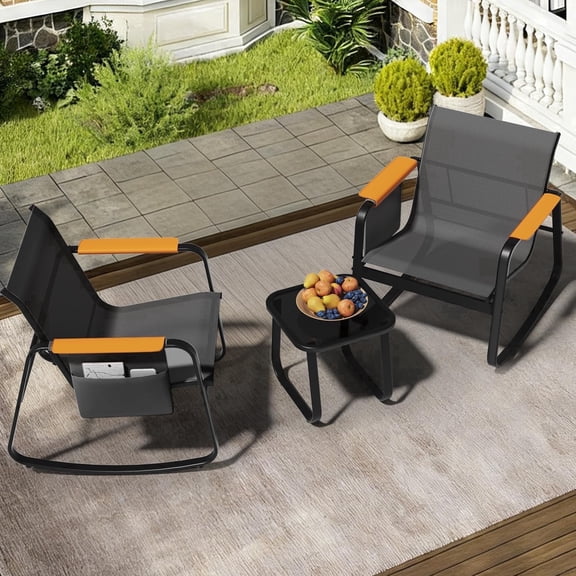 Junkai Outdoor Patio Furniture Set 3-Piece Bistro Set, Breathable Textilene Rocking Chairs with Wide Armrests & Side Storage Pockets, All-Weather Furniture with Glass Side Table for Backyard(Black)