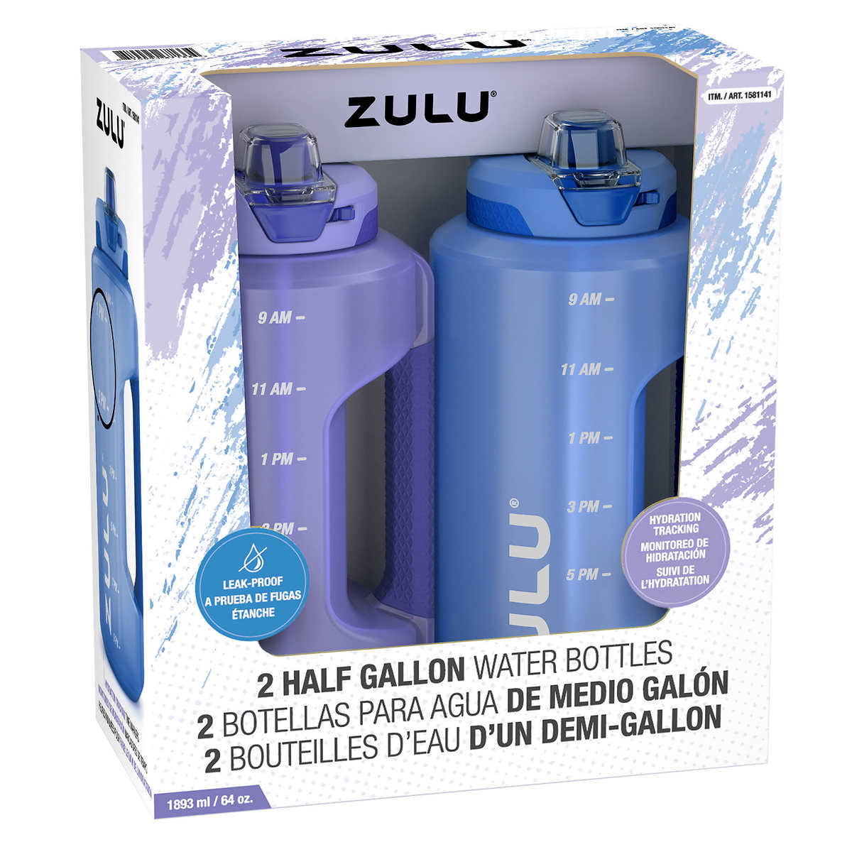 Zulu Half Gallon Water Bottles with Hydration Tracking Time Markers, 2 Pack, 64 oz (Grape/Aquaviva)