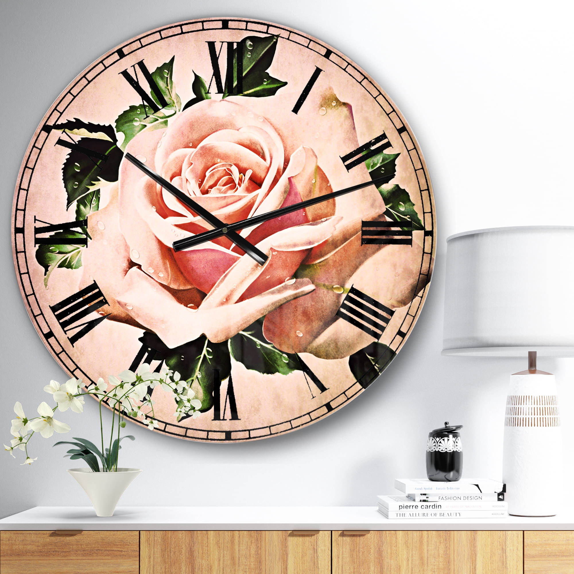 Designart 'Watercolor Rose with Green Leaves' Traditional wall clock