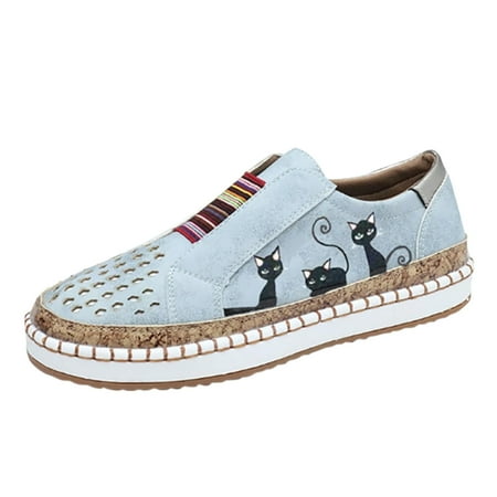 

TOYFUNNY Womens Plus Size Casual Flats Elastic Slip-On Cat Print Shoes