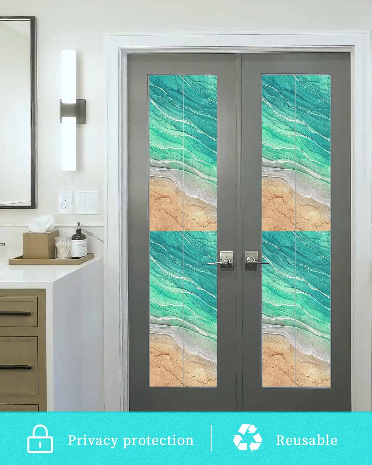 Window Privacy Film, Green Ocean Ombre UV Sun Blocking Window Tint Film Heat Control One Way Blackout Window Film, Spring Summer Coastal Sea Wave Non Adhesive Static Cling Window Sticker 17.7x78.7 In