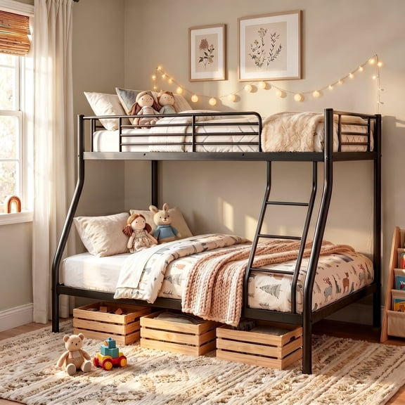 UIOWIO Twin over Full Metal Bunk Bed with Stairs & Storage, Heavy Duty Bed Frame for Adults & Teens, No Box Spring Needed, Black