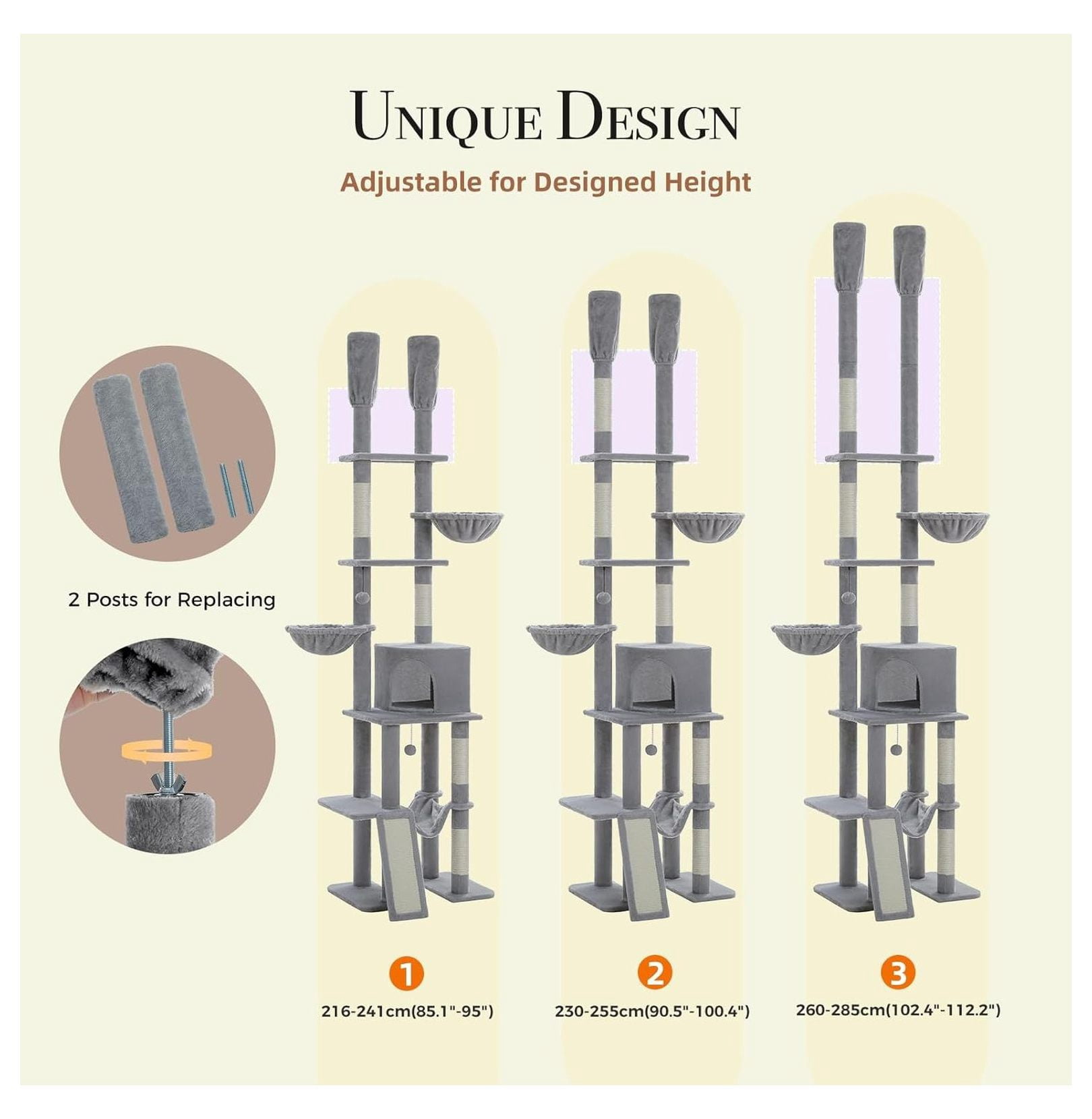 Cat Tree Floor to Ceiling, Adjustable Cat Tower 85-112 Inches, 7 Tier Cat Climbing Tower with Hammocks & Scratching Posts for Indoor Cats - Gray