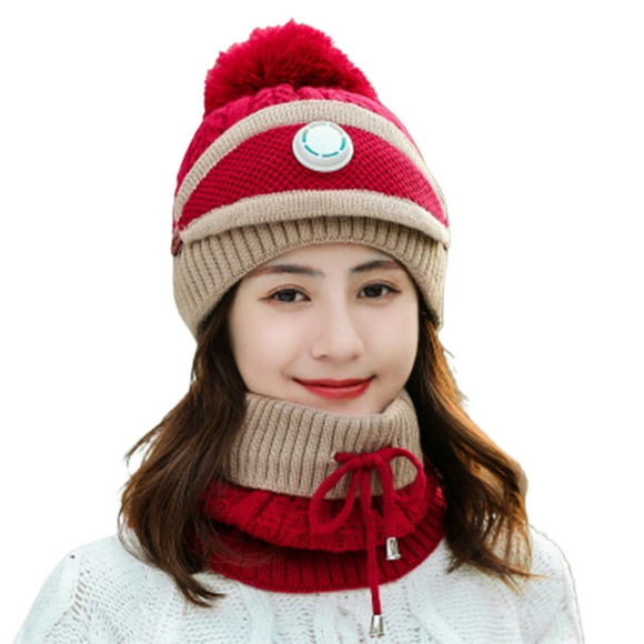 Visland Female Winter Warm Knitted Circle Loop Scarf Face Cover Valve Plush Woolen Cap