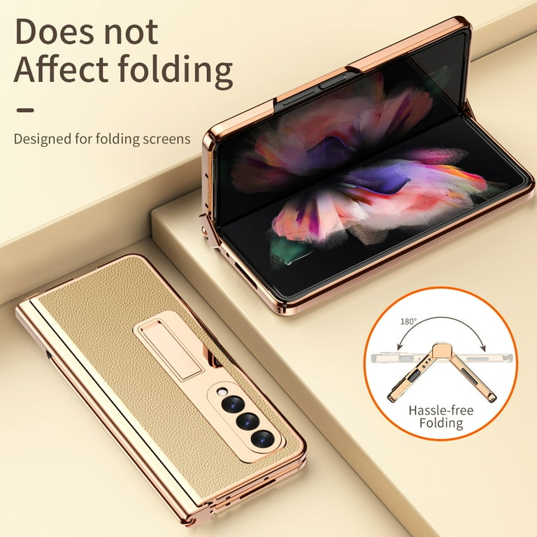 For Samsung Galaxy Z Fold 3 Case W22 5G Electroplated Leather Case For Samsung Fold 3 (2021), Full Protection With Built-in Screen Protector &