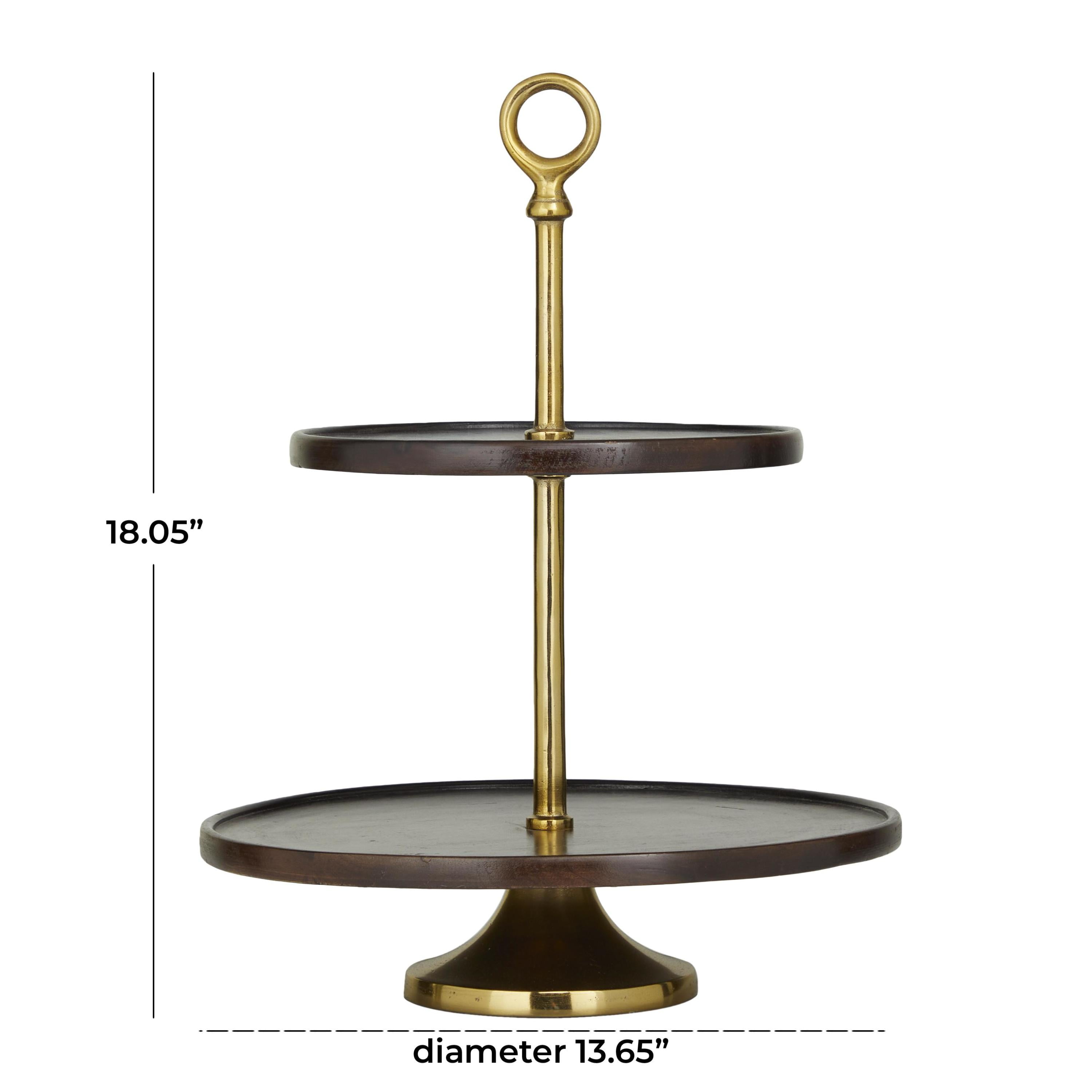 DecMode 14" x 18" Dark Brown Mango Wood 2 Tiered Server with Gold Stand, 1-Piece