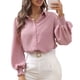 thumbnail image 1 of Camisa de manga abullonada, cuello vuelto, holgada, cómoda, manga larga, camisa de color puro para oficina, trabajo, hogar, ocio, gris rosado pálido M, 1 of 9
