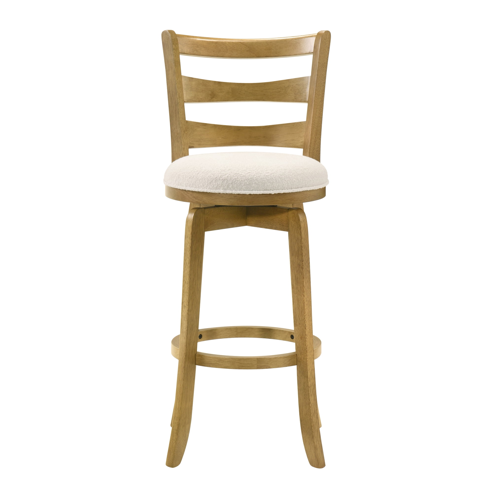 Melindra Modern Farmhouse Swivel Wood Bar Height Kitchen Bar Stool in Amber Glow Finish with White Boucle Fabric Upholstered Seat