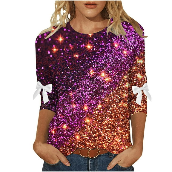 Women's Christmas Shirt 3/4 Sleeve Round Neck Blouse with All Over Holiday Tree Print Casual Tops Tees Tshirts for Gifting My Items