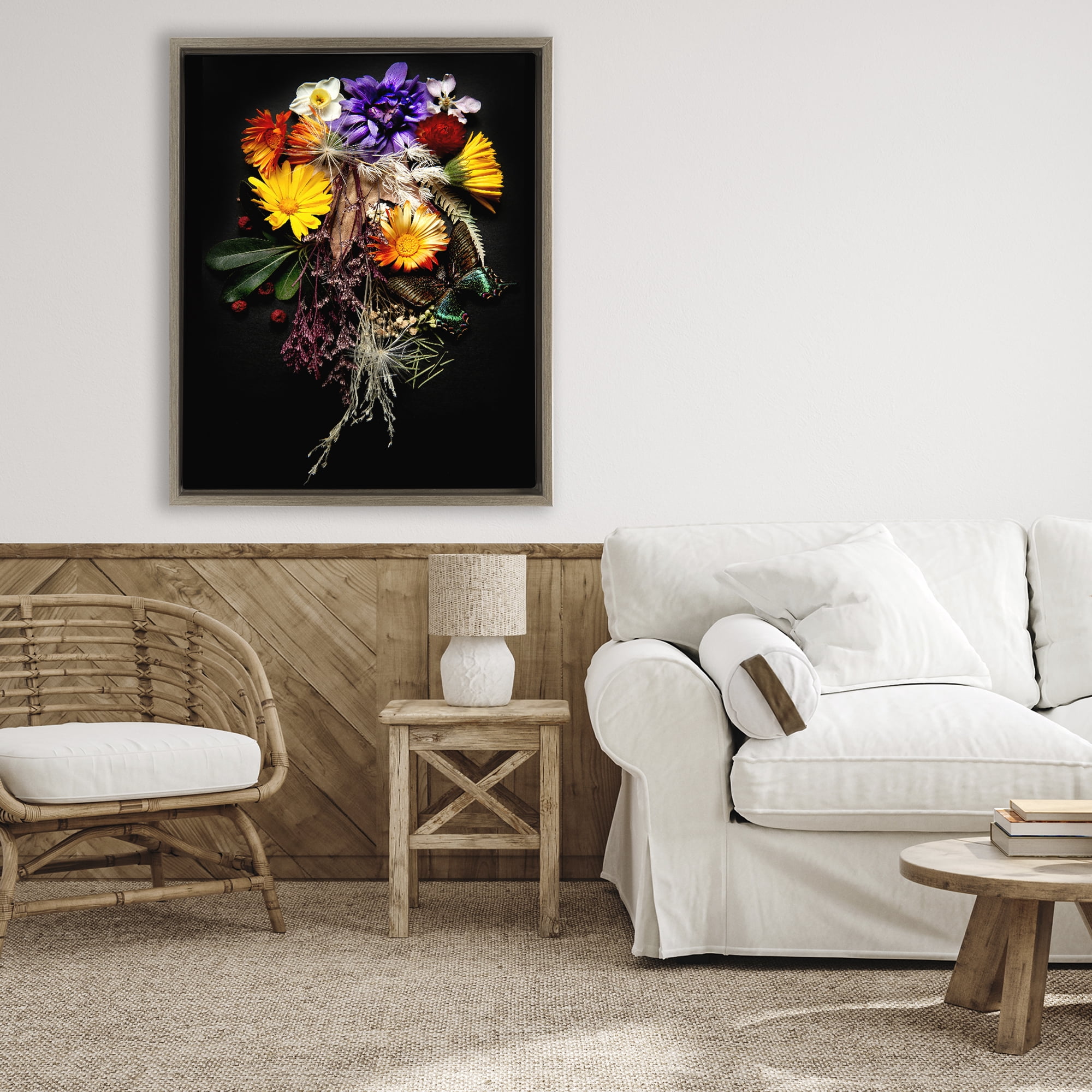 Stupell Industries Butterfly Adorned Arrangement Brown Framed Floater Canvas Wall Art, design by Carl Kravats