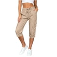 thumbnail image 2 of Costeam Womens Solid Color High Waist Straight Leg Cropped Capris and Shorts with Side Pockets Loose Fit Elastic Waist Dual Style Casual Bottom Pants, 2 of 6