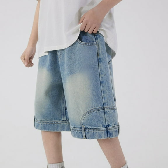 CPNG Teen Kids Boys Street Denim Bermuda Shorts Wide Straight Leg Retro Denim Shorts Vintage Baggy Jeans Boys Elastic Waisted Loose Casual Oversize Jeans Shorts