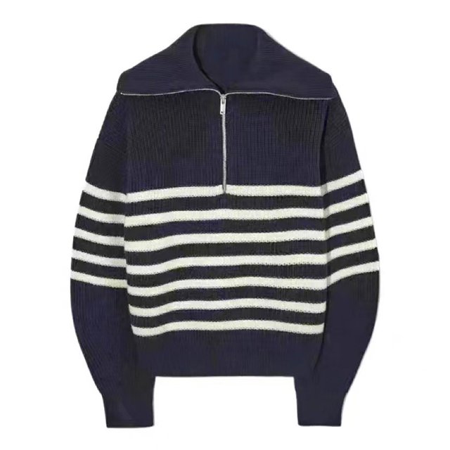 Nouveau Style à Revers Automne et Hiver, Chandail Décontracté à Rayures Colorées avec Demi-Fermeture Éclair pour Femmes