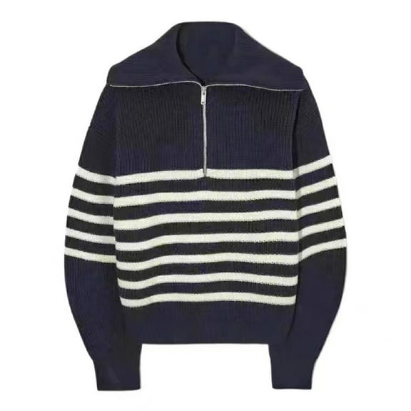 Women's Pullover Sweater Autumn Winter Casual Striped Lapel Style Half Zipper Comfortable Knit Top