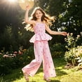 thumbnail image 5 of Pandaie Tween Girls Clothes Summer 2 Piece Outfit Set Ruffle Cami Top Wide Leg Pants with Pockets Fashion Casual Clothes Pink,5-6 Years, 5 of 7