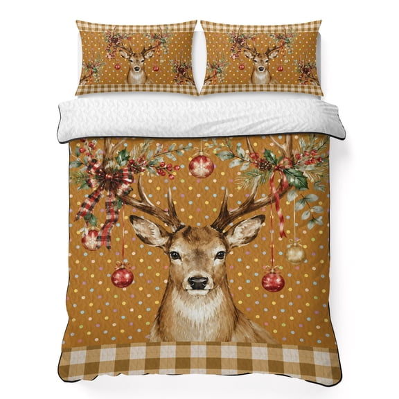 Quilts Queen Size Bedding Set, Christmas Elk Lightweight Quilted Comforter, Xmas Ball Botanical Brown Checked Polka Dot Soft Reversible Bedspread Coverlet with Pillow Covers for All Season, 90" x 96"