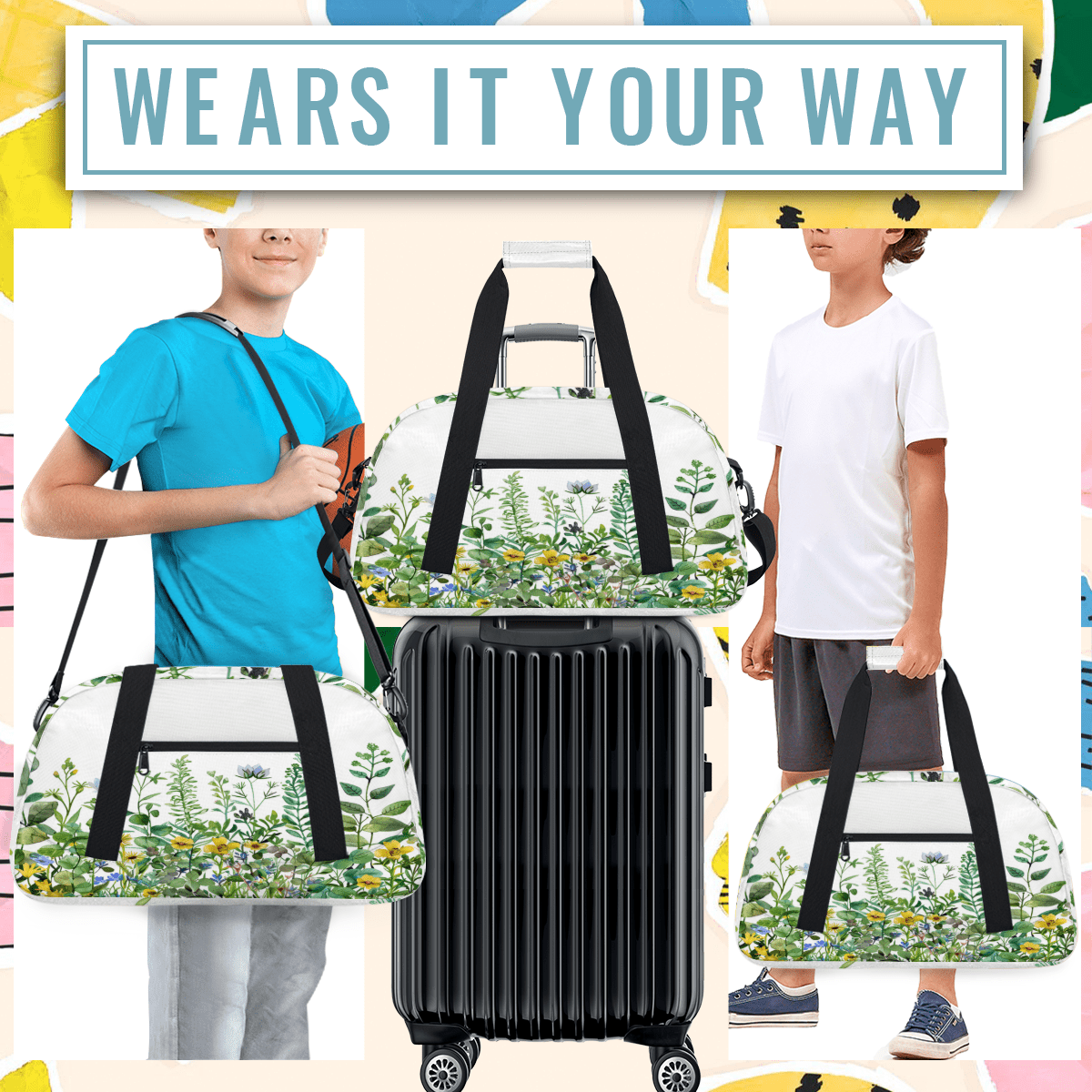 Herdesigns Spring Wildflowers Sports Duffle Bag for Women & Men, Gym Bag Dance Bag Overnight Bag Carry On Weekender Travel Bag